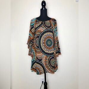 Honeyme Boho Geometric Print Dress with Fringe Accent